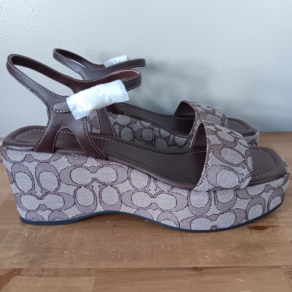 Coach Women Gale Wedge Sandal In Maple Signature Jacquard Size 11 B Damaged Box - Picture 3 of 14